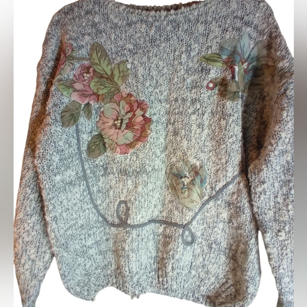 Penbrooke Lane Floral Patterned Sweater - Gray Size M Fall Casual Y2k Holidays
